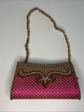 Gold-Beaded Fuchsia Evening Clutch with Chain Strap